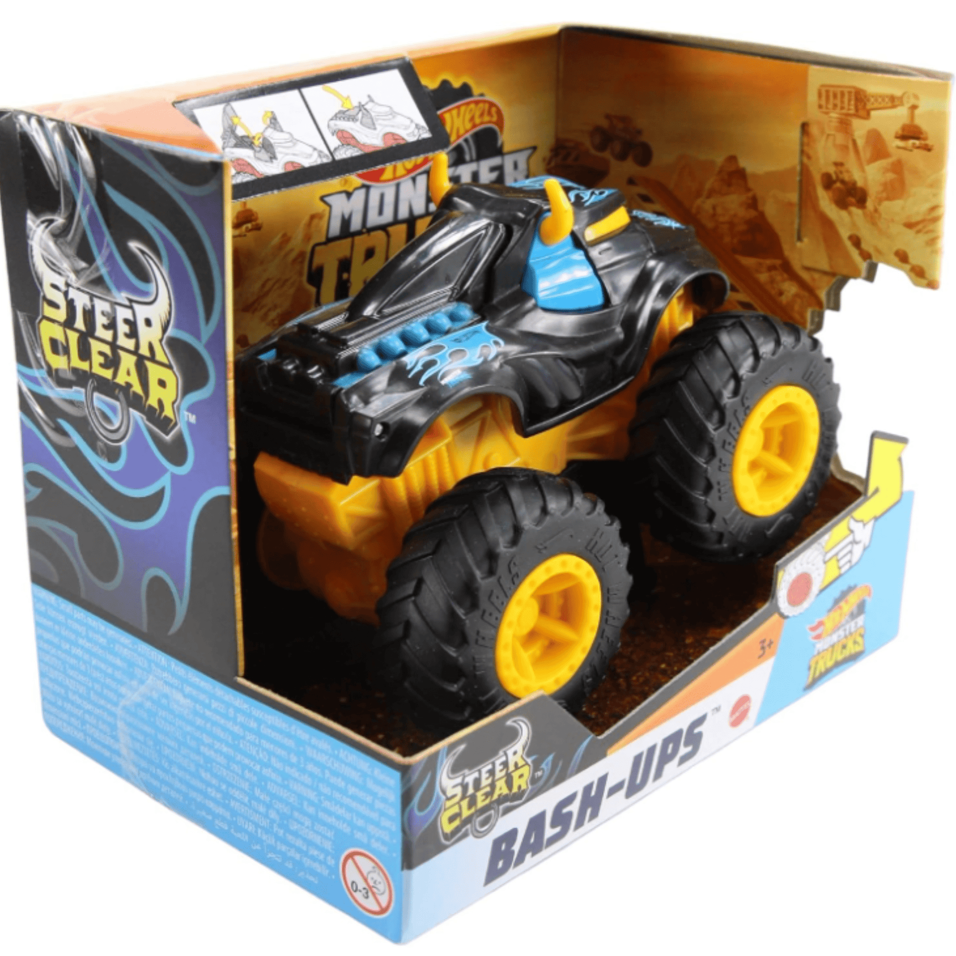 Imaginea prezintă un camion monstru Hot Wheels din seria „Bash-Ups” în ambalajul său. Camionul „Steer Clear” are un design robust, cu caroserie neagră decorată cu flăcări albastre și roți mari galbene. Este destinat copiilor de 3 ani și mai mari.