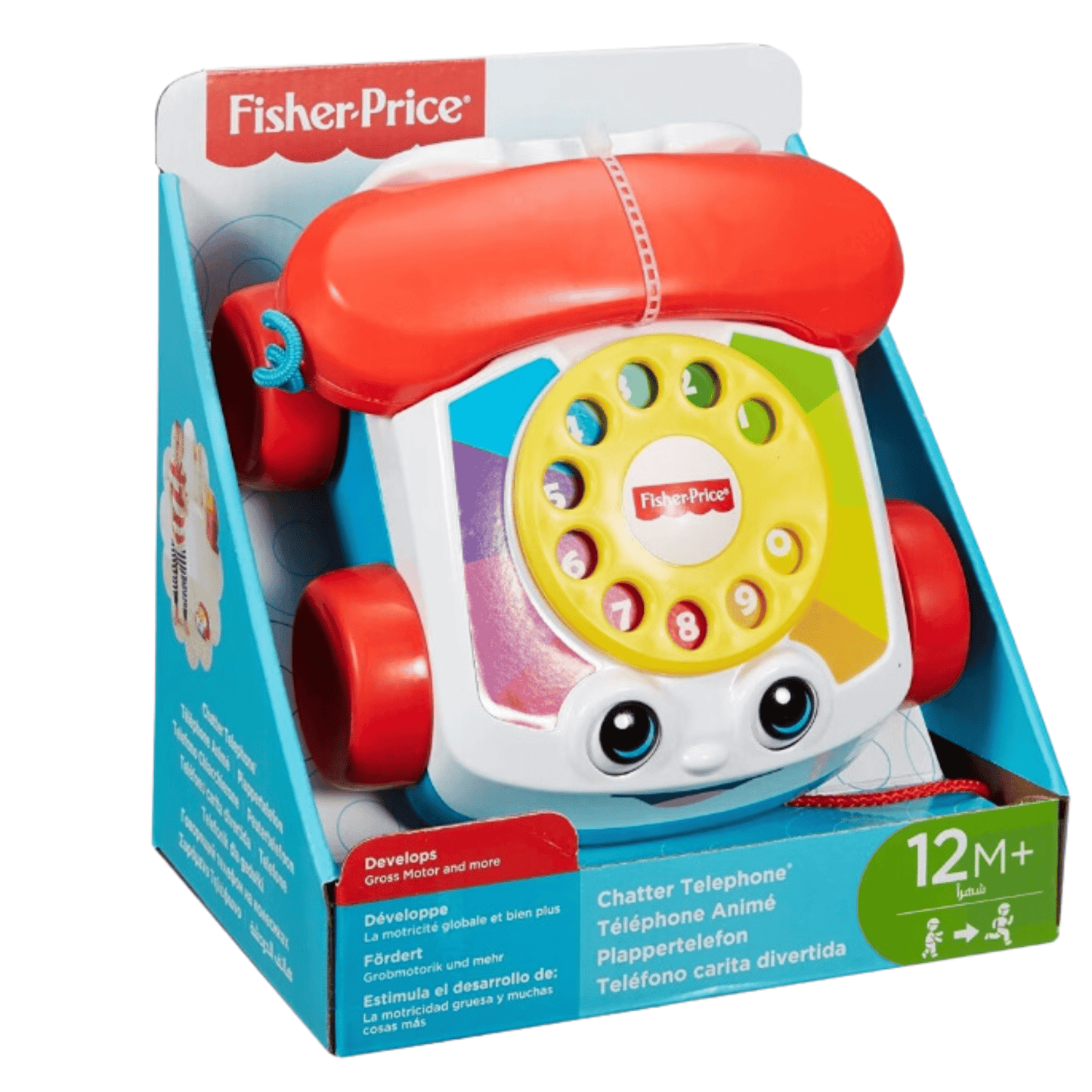 Imaginea prezintă o jucărie telefon Fisher-Price în ambalajul său, destinată copiilor de 12 luni și mai mari. Telefonul are roți și un cadran rotativ colorat, iar designul este destinat să stimuleze abilitățile motorii ale copiilor.