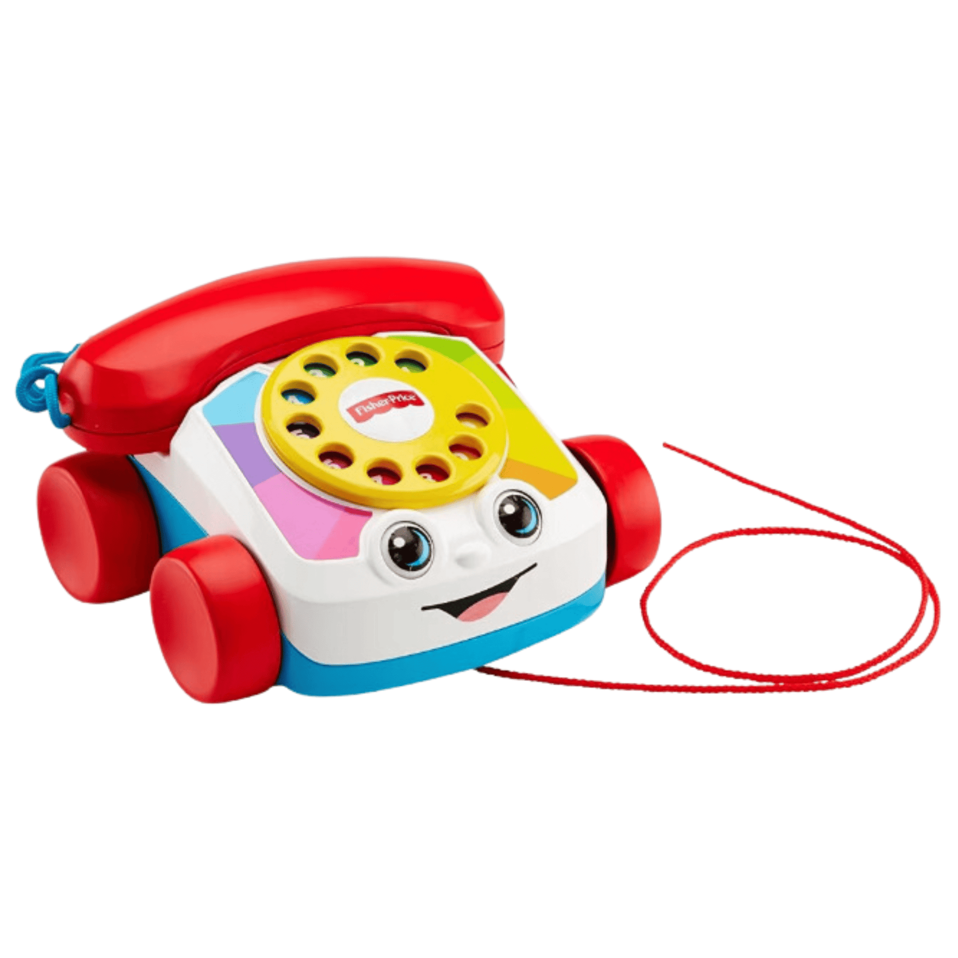 Imaginea prezintă o jucărie telefon Fisher-Price cu roți roșii, un cadran galben și un zâmbet vesel. Telefonul are un șnur roșu atașat, fiind destinat copiilor pentru a-l trage și a se juca, stimulând astfel dezvoltarea motorie și creativitatea.