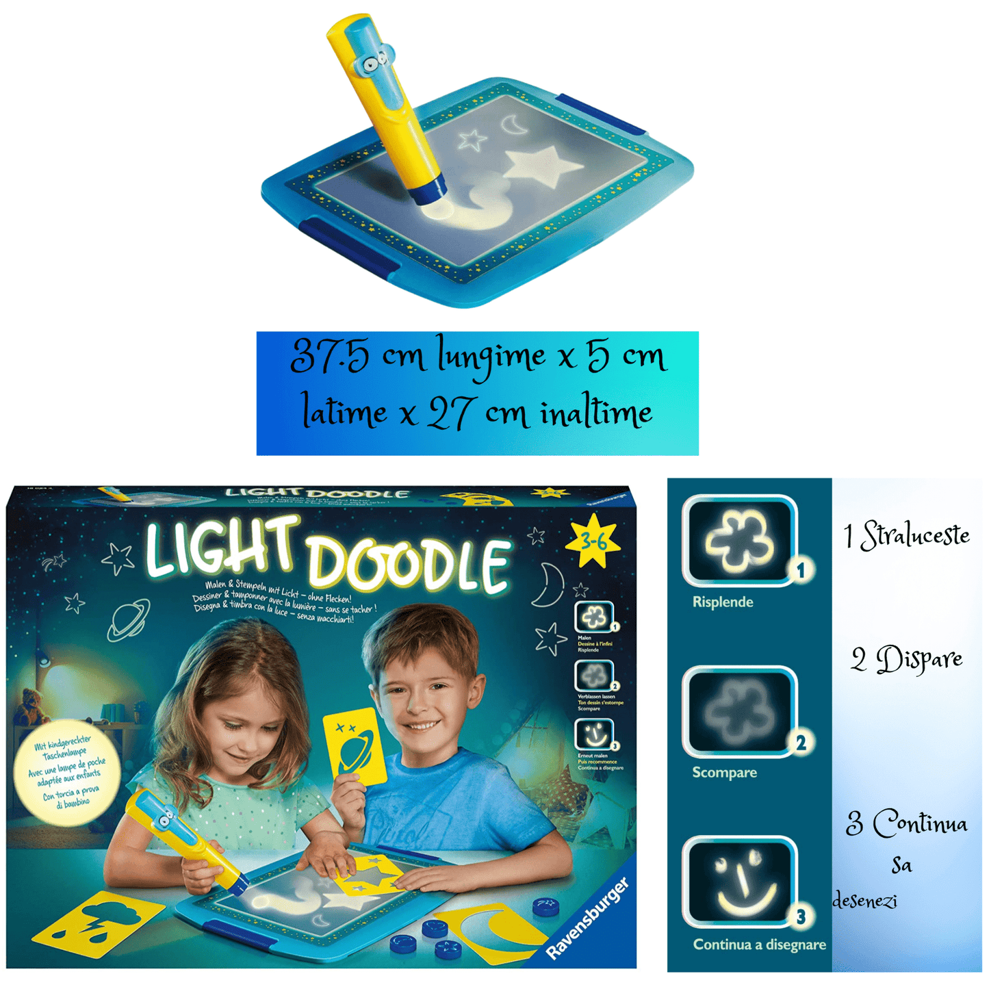 Tableta pentru Desenat  Magic Board 2 in 1, Marker Cu Lumina Led, Sabloane