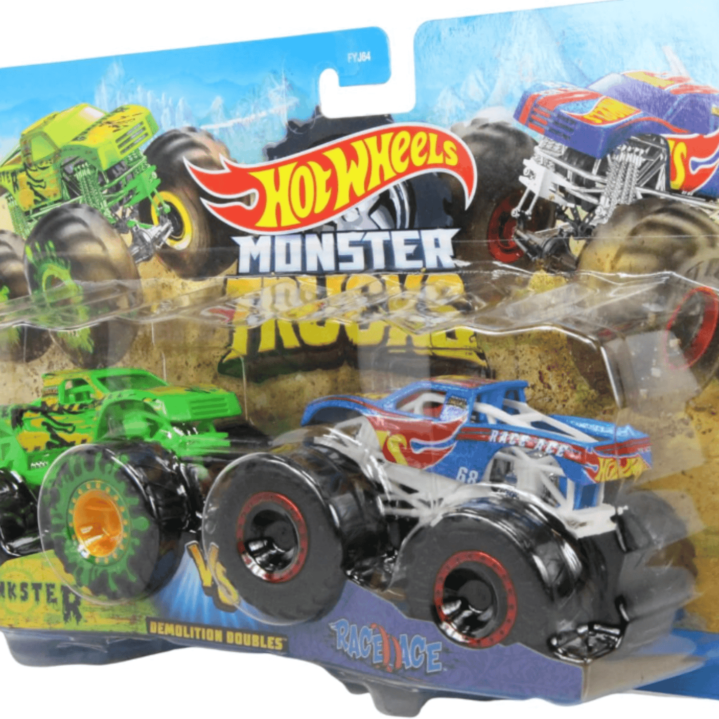 Imaginea prezintă un pachet Hot Wheels Monster Trucks „Demolition Doubles”, care include două camioane: unul verde cu detalii negre și unul albastru cu roșu și galben. Camioanele sunt pregătite pentru o confruntare de tip „versus” în joaca de demolare.