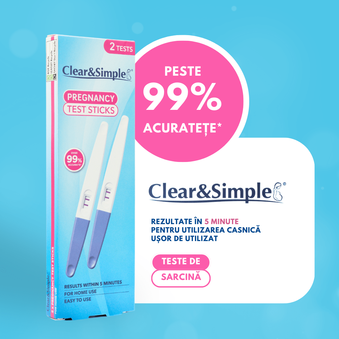 Imaginea arată un pachet de teste de sarcină Clear&Simple cu o acuratețe de 99% și promisiunea unor rezultate în 5 minute, ușor de folosit acasă.