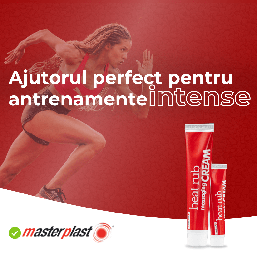 Imaginea arată o atletă în timpul unui sprint, promovând crema Heat Rub de la Masterplast ca ajutor perfect pentru antrenamente intense.