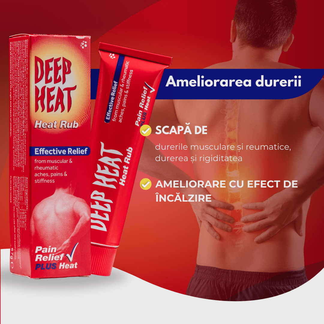 Imaginea prezintă un produs denumit "Deep Heat", sub formă de cremă, cu scopul de a ameliora durerile musculare și reumatice prin efect de încălzire.