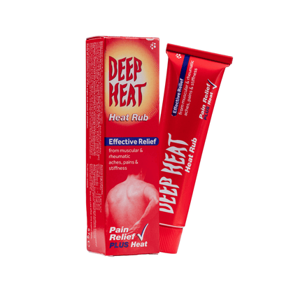 Imaginea arată un tub și o cutie de "Deep Heat Heat Rub", destinat ameliorării durerilor musculare și reumatice