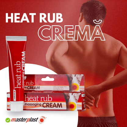 Imaginea prezintă un bărbat de la spate, folosind crema Heat Rub de la Masterplast, recomandată pentru masajul muscular și relaxare.