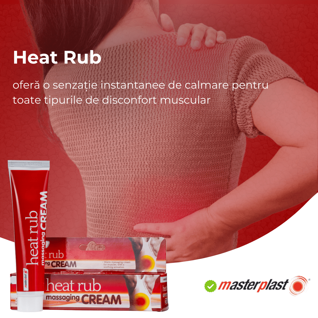 Imaginea prezintă crema Heat Rub de la Masterplast, promovând alinarea rapidă a disconfortului muscular.