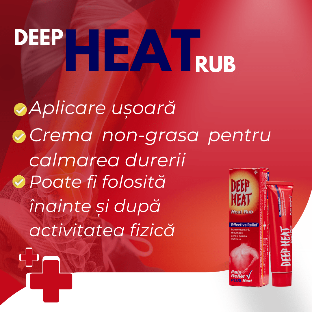 Imaginea prezintă crema Deep Heat, ușor de aplicat, non-grasă, recomandată pentru calmarea durerii înainte și după activitatea fizică.