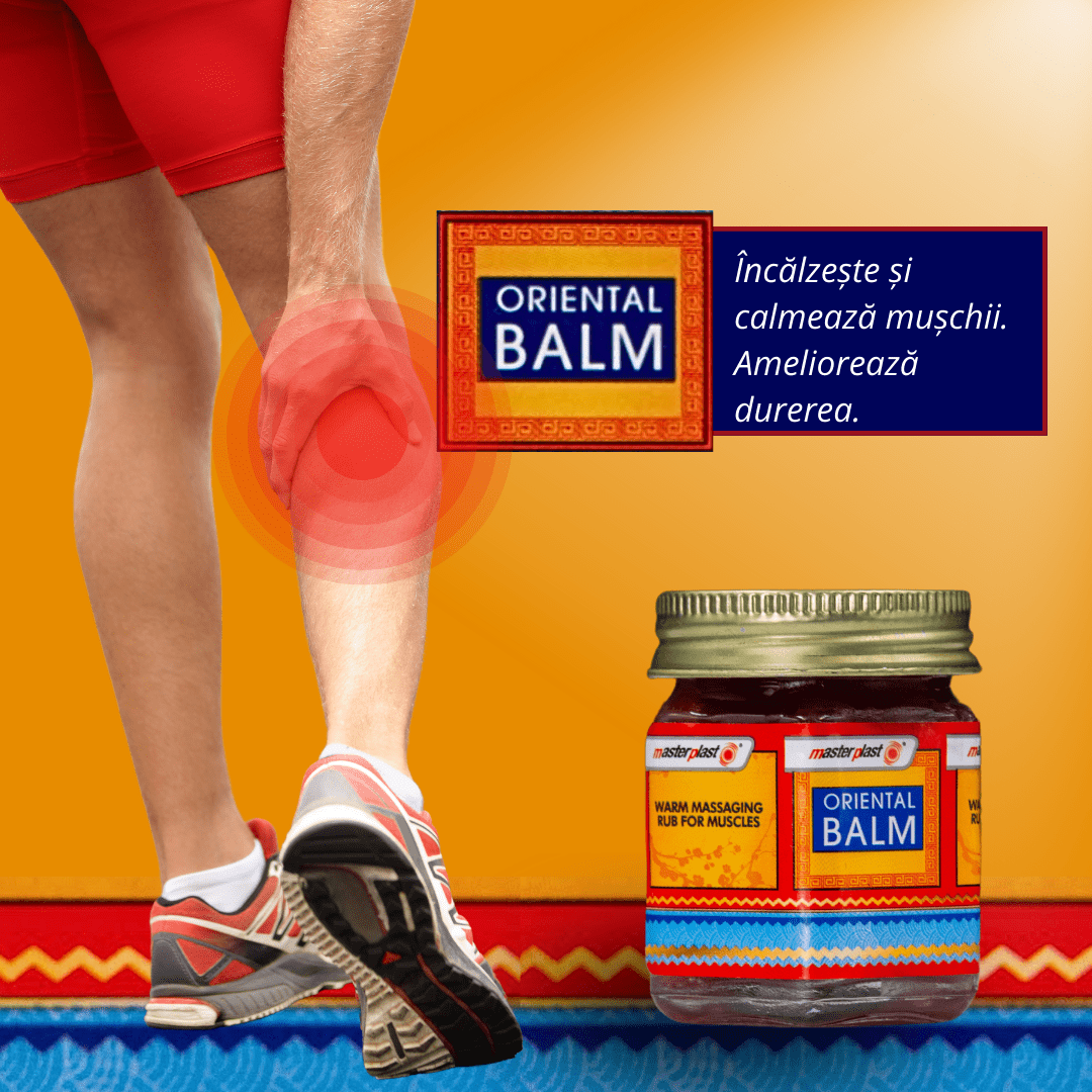 Imaginea promovează balsamul Oriental Balm, un produs destinat încălzirii și calmării mușchilor, oferind ameliorarea durerii. Este ilustrată o persoană cu durere la genunchi, sugerând utilizarea balsamului pentru disconfort muscular.