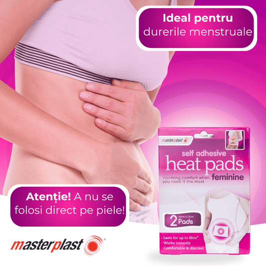 Imaginea prezintă plăcuțe termice feminine Masterplast, ideale pentru ameliorarea durerilor menstruale. Atenție: nu se aplică direct pe piele.