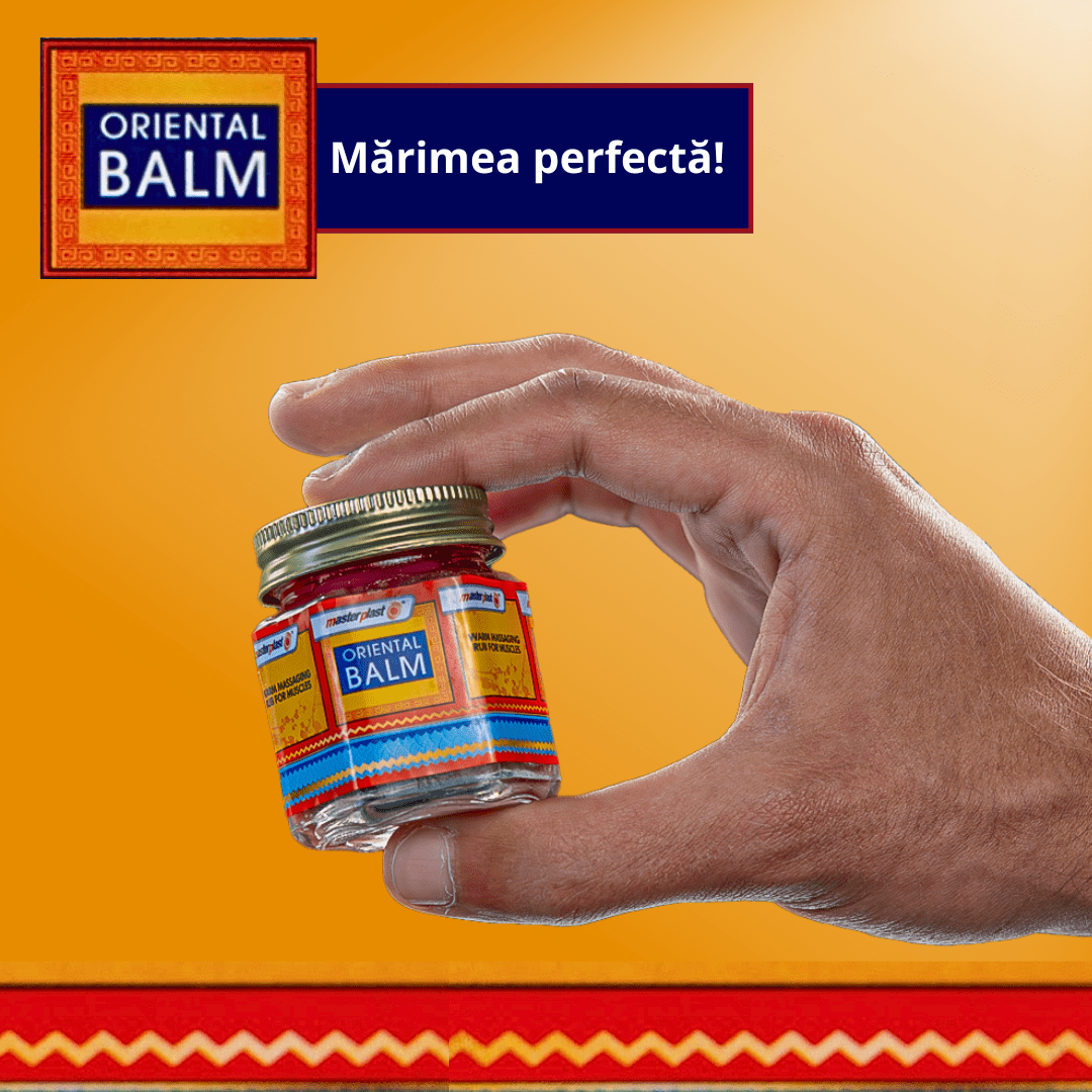 Imaginea prezintă balsamul Oriental Balm într-un borcan mic, promovat ca fiind de "mărimea perfectă". Contextul sugerează că produsul este ușor de folosit și portabil, ideal pentru calmarea și încălzirea mușchilor.