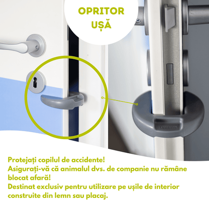 Imaginea prezintă un opritor de ușă, utilizat pentru a preveni accidentele, în special pentru a proteja copiii și pentru a împiedica animalele de companie să rămână blocate în afara încăperii. Produsul este destinat uzului pe uși din lemn sau placaj.