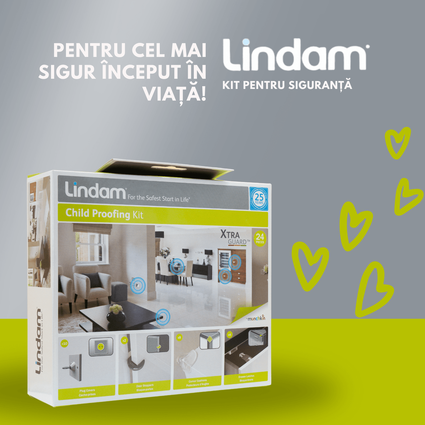 Imaginea prezintă un kit de siguranță pentru copii marca Lindam, cu 24 de piese, destinat protejării locuinței împotriva pericolelor pentru cei mici. Mesajul promovează siguranța la începutul vieții copilului, oferind soluții pentru protecția locuinței.