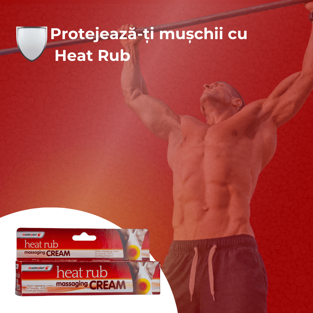 
Imaginea prezintă un bărbat făcând exerciții de tracțiuni, promovând utilizarea cremei Heat Rub pentru protecția mușchilor.