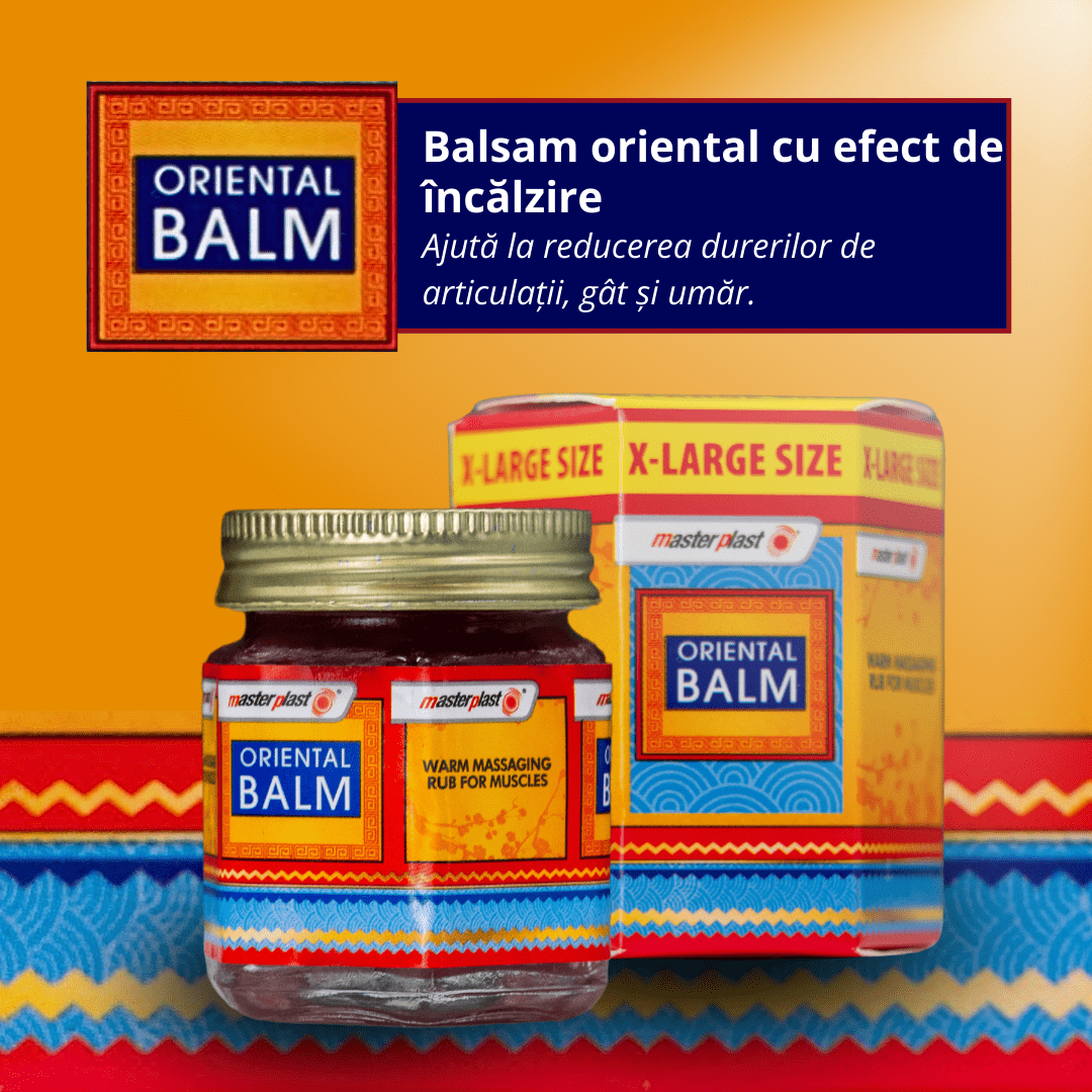 Imaginea promovează balsamul Oriental Balm cu efect de încălzire, destinat reducerii durerilor articulare, la nivelul gâtului și umerilor. Produsul este ilustrat alături de ambalajul său, subliniind dimensiunea „X-Large”.